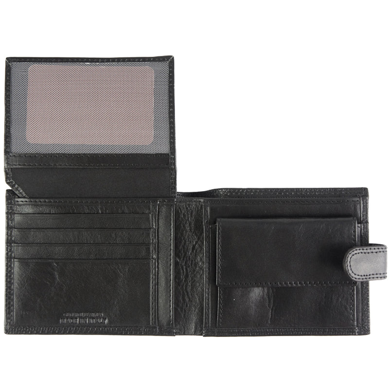 Interior view of the Martino V leather wallet in black showing card compartments and id slot