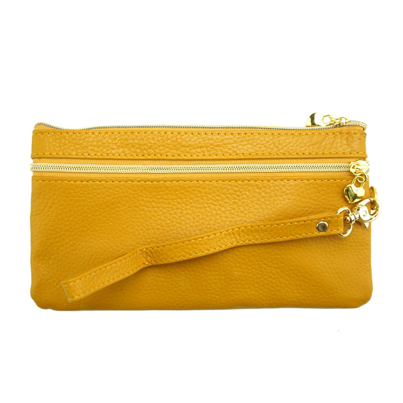 Convertible yellow leather IT wallet: Clutch and wallet in one. Secure zip closure, multiple compartments.